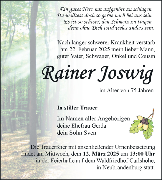 Traueranzeige von Rainer Joswig von Nordkurier Neubrandenburger Zeitung
