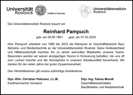 Traueranzeige von Reinhard Pampuch von Norddeutsche Neueste Nachrichten