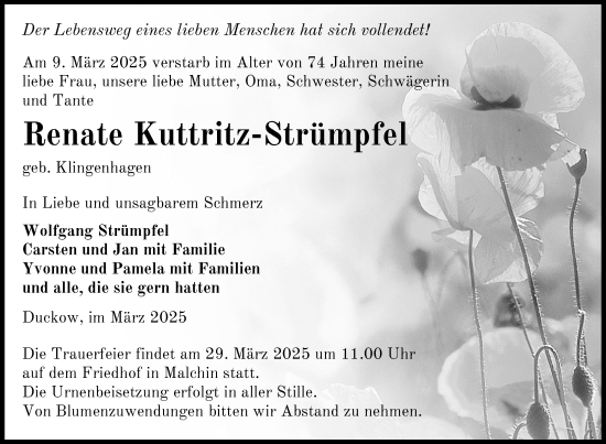Traueranzeige von Renate Kuttritz-Strümpfel von Nordkurier Mecklenburger Schweiz