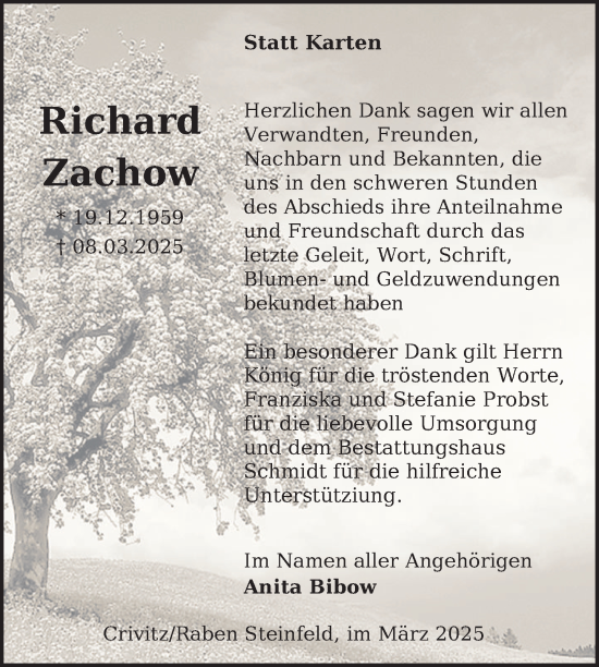 Traueranzeige von Richard Zachow von Zeitung für die Landeshauptstadt