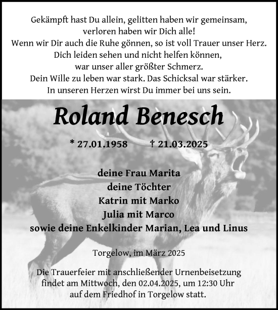 Traueranzeige von Roland Benesch von Nordkurier Haff-Zeitung