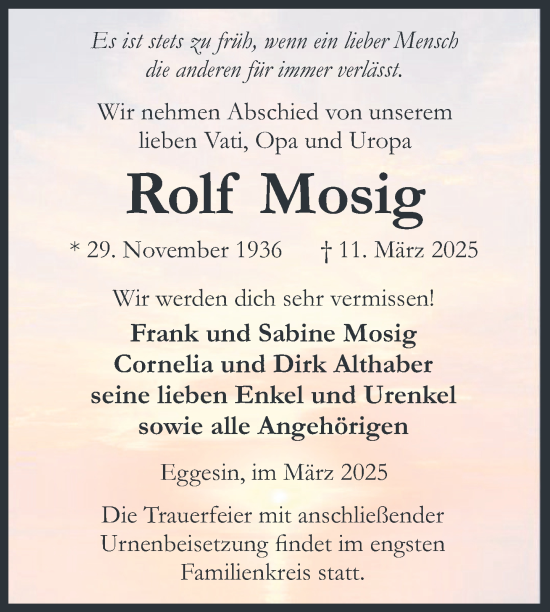 Traueranzeige von Rolf Mosig von Nordkurier Haff-Zeitung