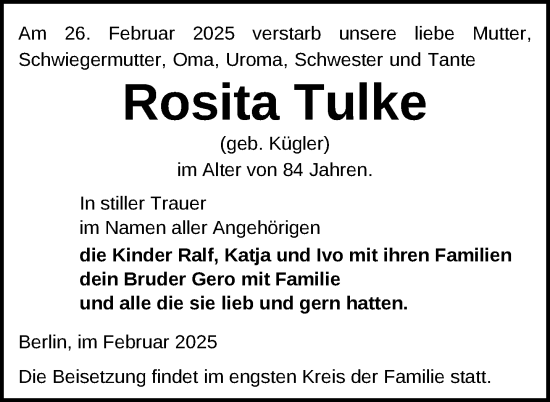 Traueranzeige von Rosita Tulke von Uckermark Kurier Templiner Zeitung