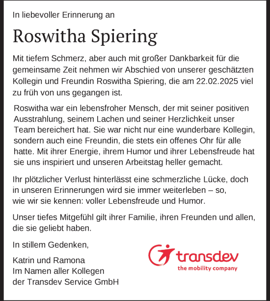 Traueranzeige von Roswitha Spiering von Nordkurier Neubrandenburger Zeitung