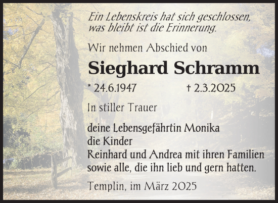 Traueranzeige von Sieghard Schramm von Uckermark Kurier Templiner Zeitung