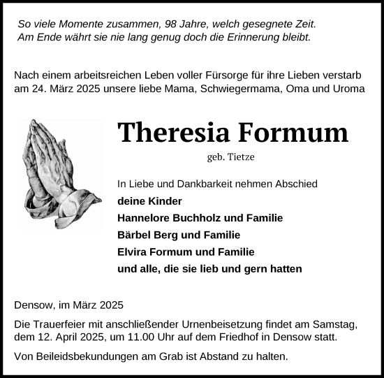Traueranzeige von Theresia Formum von Uckermark Kurier Templiner Zeitung