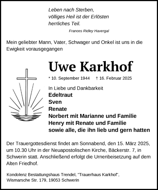 Traueranzeige von Uwe Karkhof von Zeitung für die Landeshauptstadt
