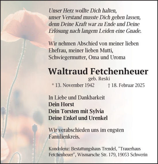 Traueranzeige von Waltraud Fetchenheuer von Zeitung für die Landeshauptstadt