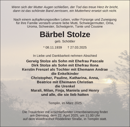 Traueranzeige von Bärbel Stolze von Uckermark Kurier Templiner Zeitung