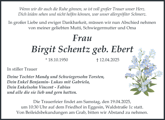 Traueranzeige von Birgit Schentz von Nordkurier Pasewalker Zeitung