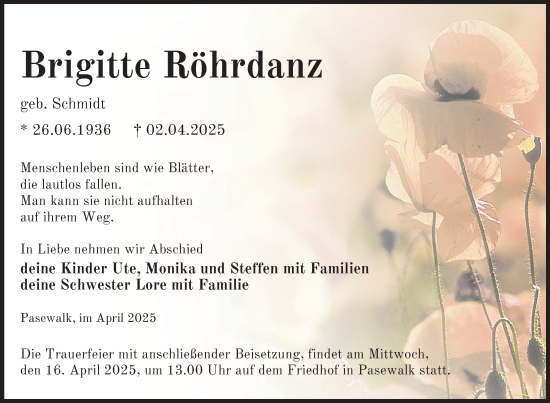 Traueranzeige von Brigitte Röhrdanz von Nordkurier Pasewalker Zeitung