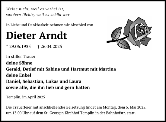 Traueranzeige von Dieter Arndt von Uckermark Kurier Templiner Zeitung