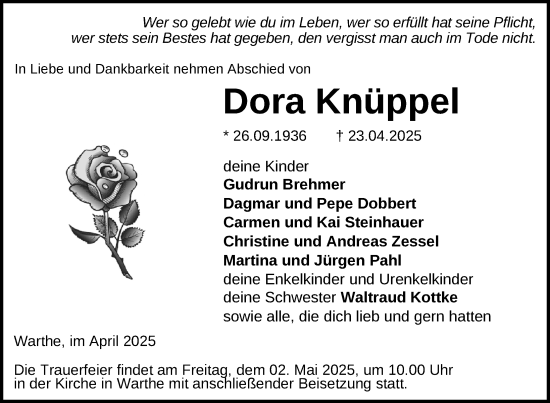 Traueranzeige von Dora Knüppel von Uckermark Kurier Templiner Zeitung