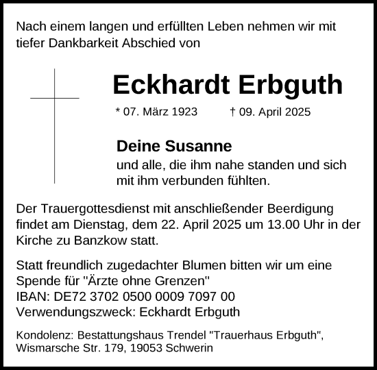 Traueranzeige von Eckhardt Erbguth von Anzeiger für Sternberg - Brüel - Warin