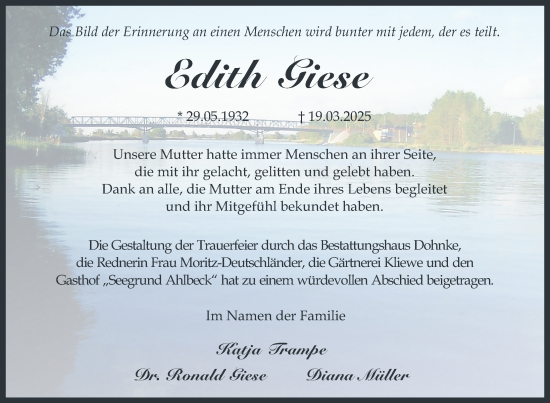 Traueranzeige von Edith Giese von Nordkurier Haff-Zeitung