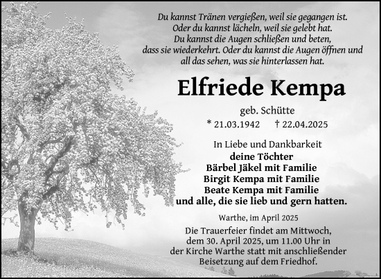 Traueranzeige von Elfriede Kempa von Uckermark Kurier Templiner Zeitung