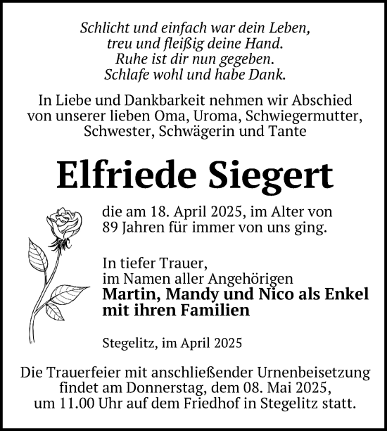 Traueranzeige von Elfriede Siegert von Uckermark Kurier Templiner Zeitung
