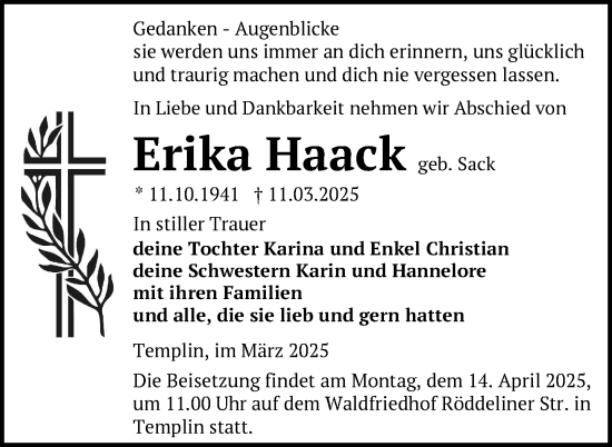 Traueranzeige von Erika Haack von Uckermark Kurier Templiner Zeitung