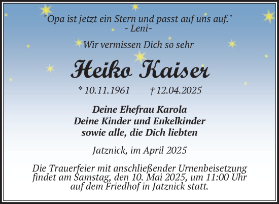 Traueranzeige von Heiko Kaiser von Nordkurier Pasewalker Zeitung