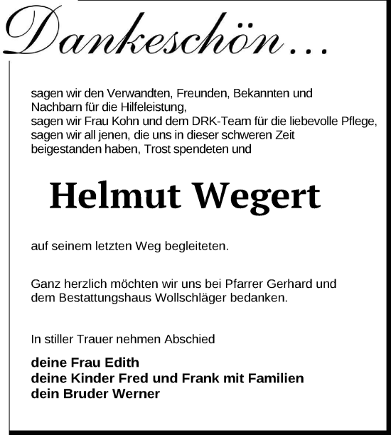 Traueranzeige von Helmut Wegert von Uckermark Kurier Templiner Zeitung