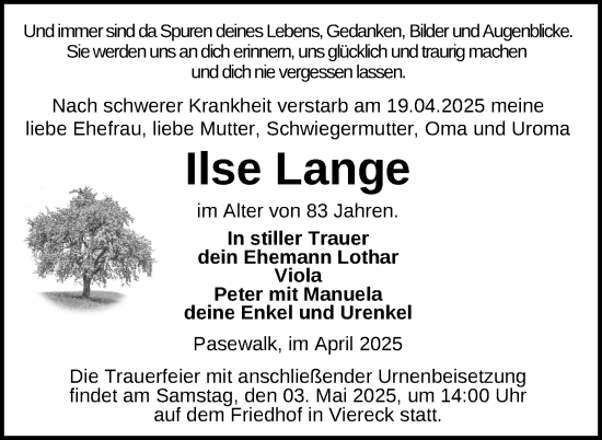 Traueranzeige von Ilse Lange von Nordkurier Pasewalker Zeitung