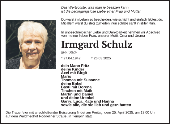 Traueranzeige von Irmgard Schulz von Uckermark Kurier Templiner Zeitung