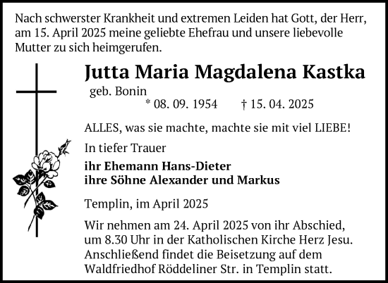 Traueranzeige von Jutta Maria Magdalena Kastka von Uckermark Kurier Templiner Zeitung
