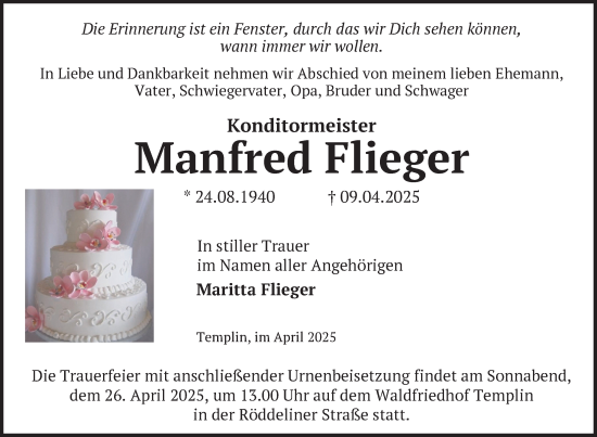 Traueranzeige von Manfred Flieger von Uckermark Kurier Templiner Zeitung