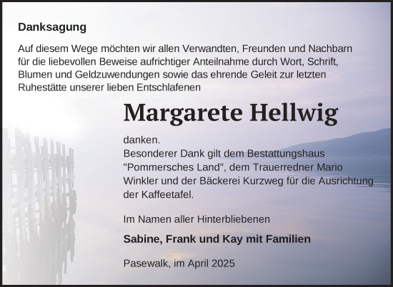 Traueranzeige von Margarete Hellwig von Nordkurier Pasewalker Zeitung