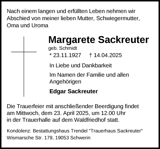 Traueranzeige von Margarete Sackreuter von Zeitung für die Landeshauptstadt