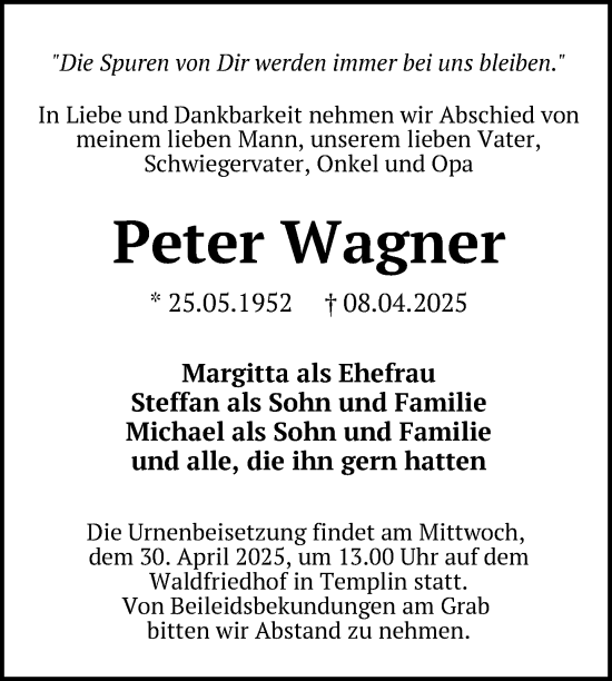 Traueranzeige von Peter Wagner von Uckermark Kurier Templiner Zeitung
