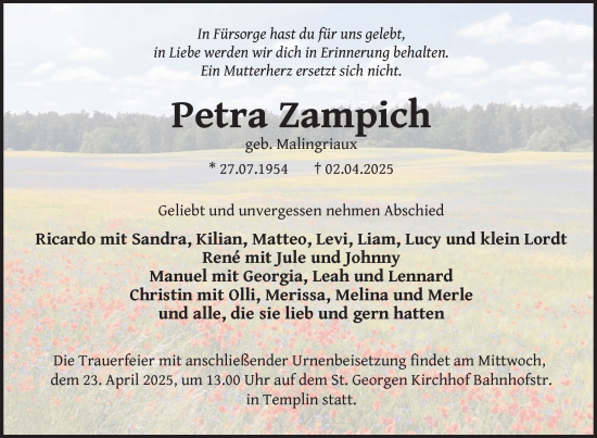 Traueranzeige von Petra Zampich von Uckermark Kurier Templiner Zeitung