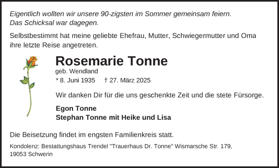 Traueranzeige von Rosemarie Tonne von Zeitung für die Landeshauptstadt