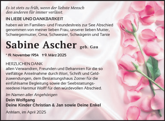 Traueranzeige von Sabine Ascher von Nordkurier Vorpommern Kurier