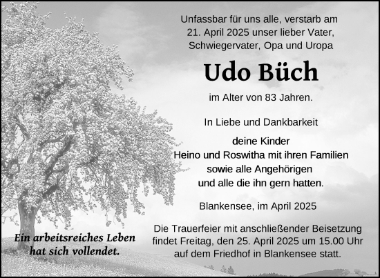 Traueranzeige von Udo Büch von Uckermark Kurier Templiner Zeitung