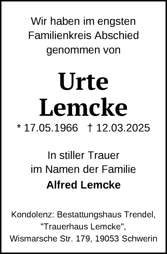 Traueranzeige von Urte Lemcke von Zeitung für die Landeshauptstadt