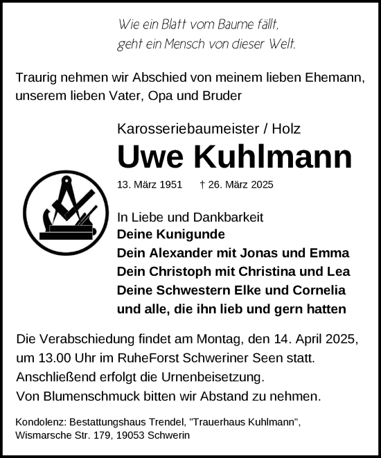 Traueranzeige von Uwe Kuhlmann von Zeitung für die Landeshauptstadt