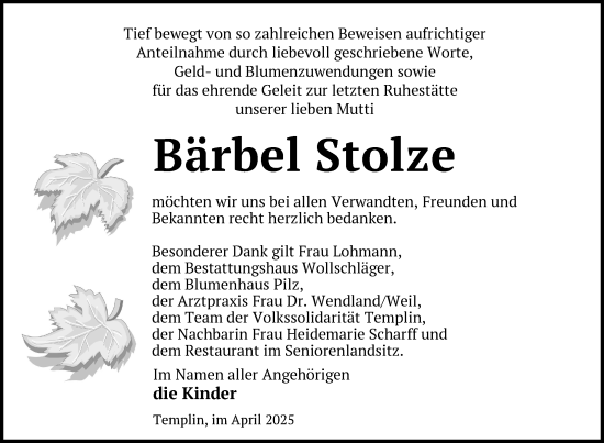 Traueranzeige von Bärbel Stolze von Uckermark Kurier Templiner Zeitung