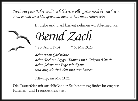 Traueranzeige von Bernd Zach von Nordkurier Haff-Zeitung