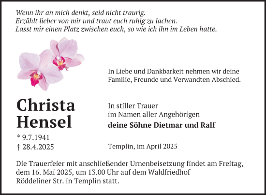 Traueranzeige von Christa Hensel von Uckermark Kurier Templiner Zeitung