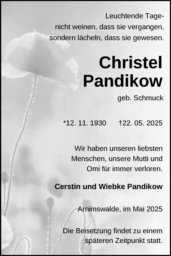 Traueranzeige von Christel Pandikow von Uckermark Kurier Templiner Zeitung