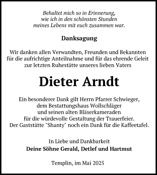 Traueranzeige von Dieter Arndt von Uckermark Kurier Templiner Zeitung