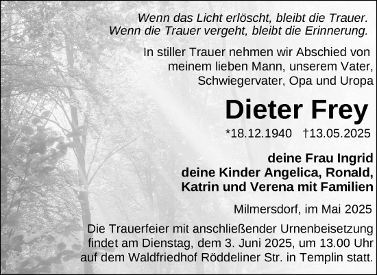 Traueranzeige von Dieter Frey von Uckermark Kurier Templiner Zeitung