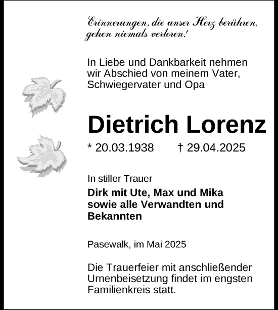 Traueranzeige von Dietrich Lorenz von Nordkurier Pasewalker Zeitung