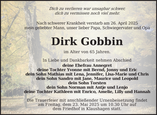 Traueranzeige von Dirk Gobbin von Uckermark Kurier Prenzlauer Zeitung