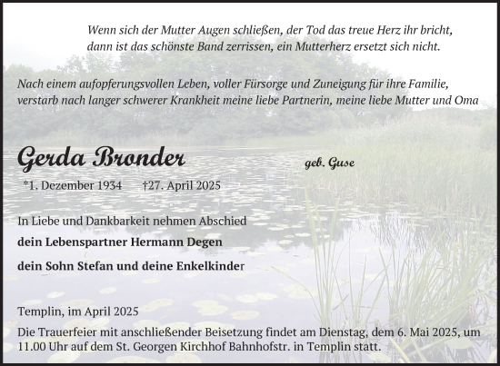 Traueranzeige von Gerda Bronder von Uckermark Kurier Templiner Zeitung