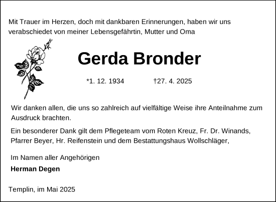 Traueranzeige von Gerda Bronder von Uckermark Kurier Templiner Zeitung