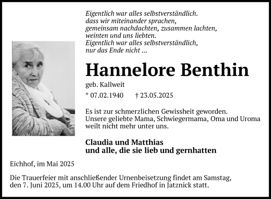 Traueranzeige von Hannelore Benthin von Nordkurier Haff-Zeitung