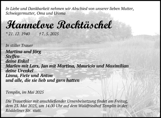 Traueranzeige von Hannelore Rocktäschel von Nordkurier Müritz-Zeitung