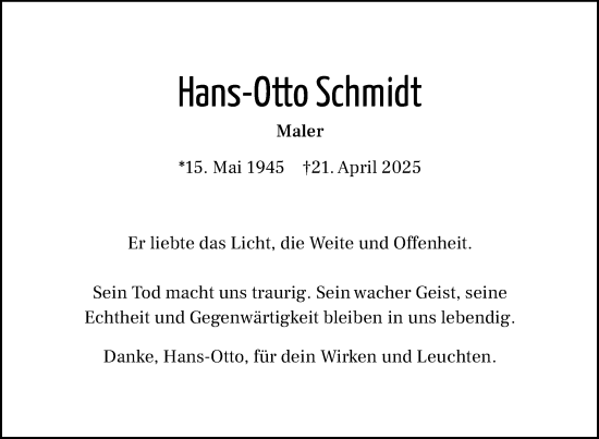 Traueranzeige von Hans-Otto Schmidt von Uckermark Kurier Templiner Zeitung